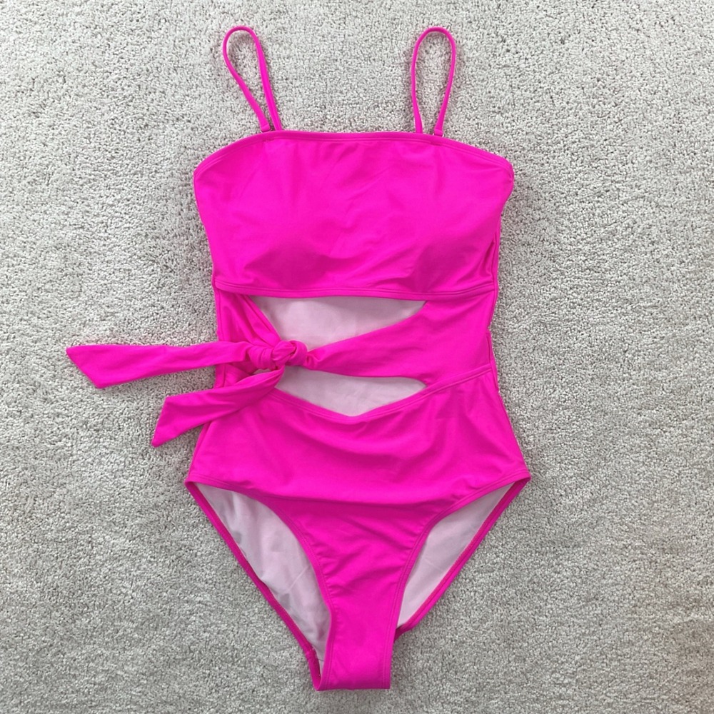 Neon Hot Pink Cutout One Piece Swimsuit Side Tie Bandeau Adjustable Straps MED